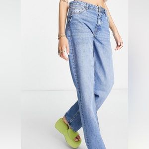 Bershka Tall High Waisted Dad Jeans in Medium Stone Size 6 NWT